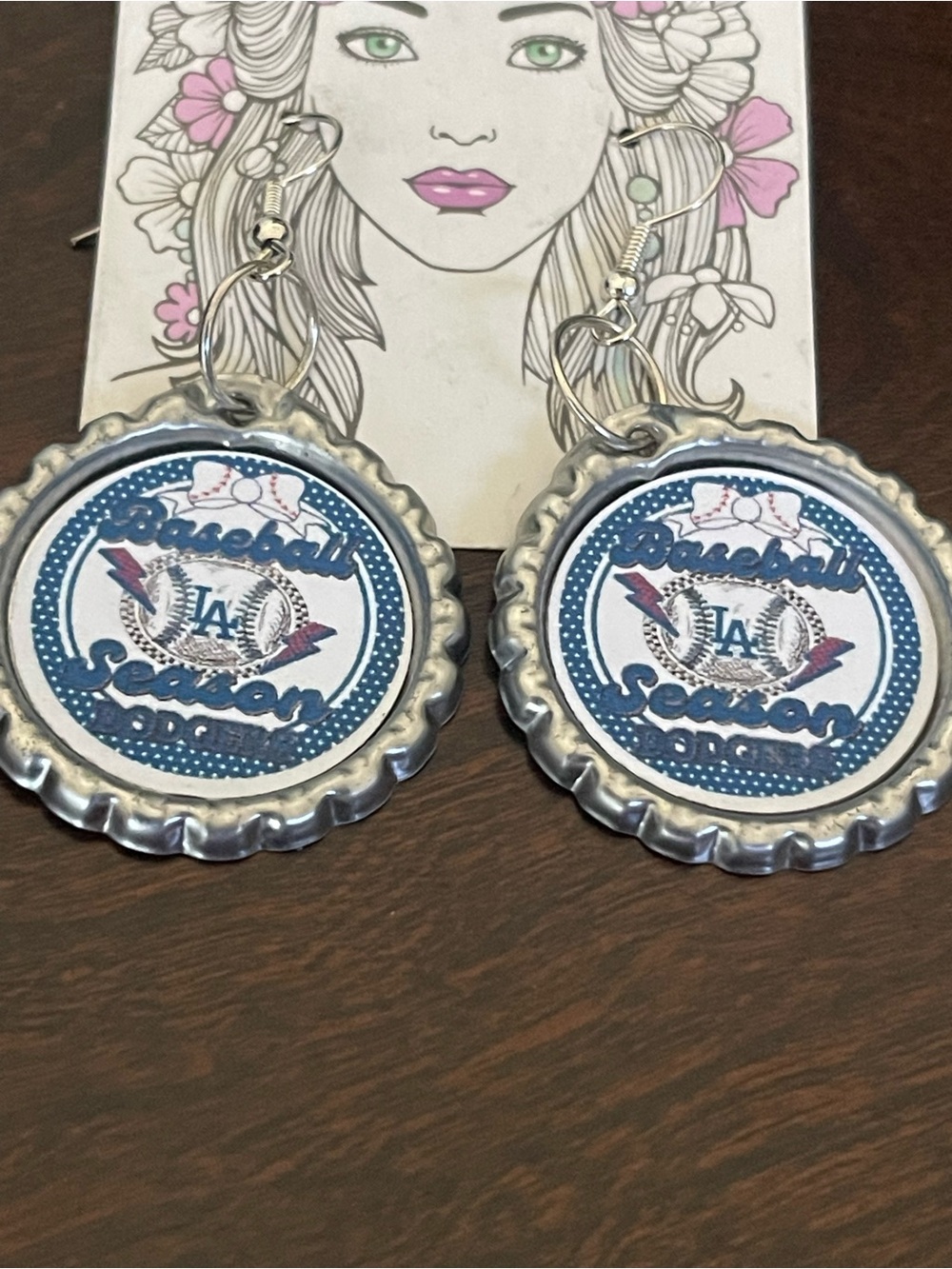 Baseball Season Bottlecap Dangle Earrings - Blue & White